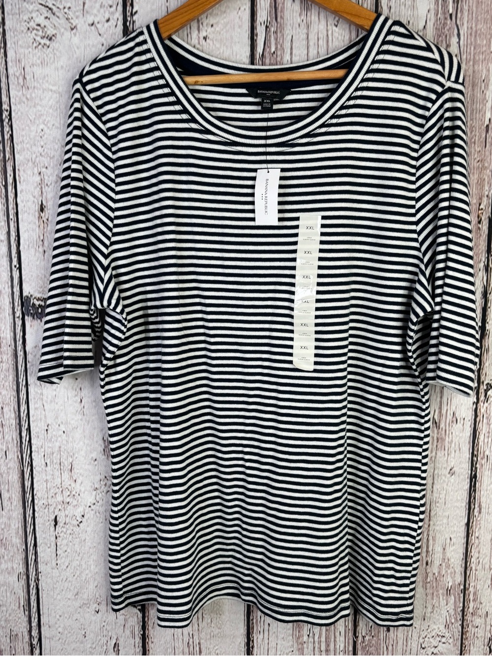NWT Banana Republic Navy & White Striped Ribbed Shirt Elbow Length Sleeves XXL